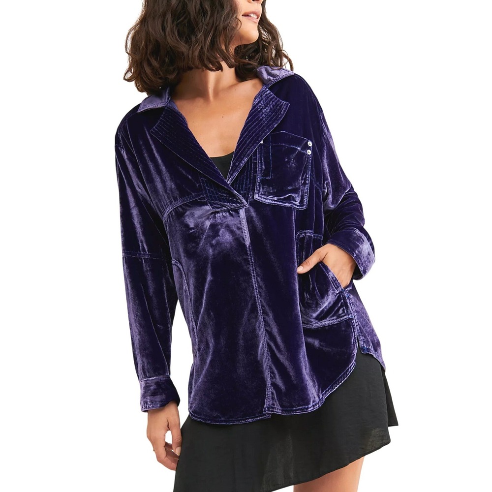 Free People Peyton‎ Velvet Pullover Shirt Jacket Purple Long Sleeve Collared